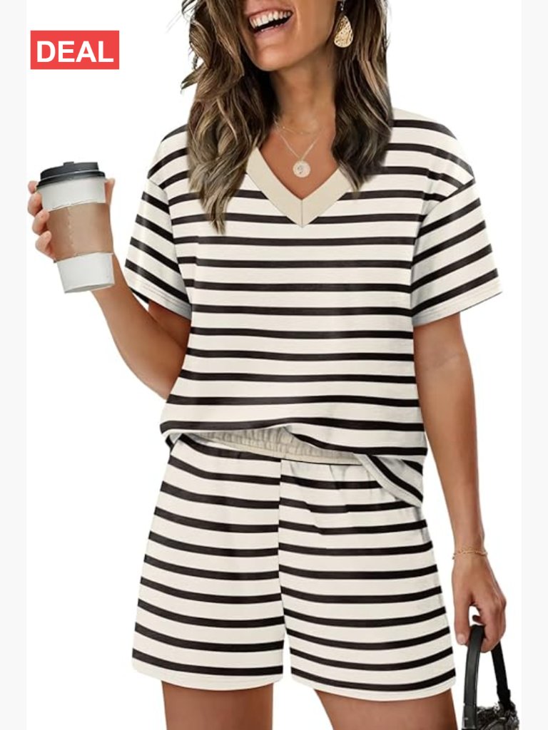 Short Sleeve V-Neck Pajama Set With Shorts - Lightweight Summer Loungewear 2